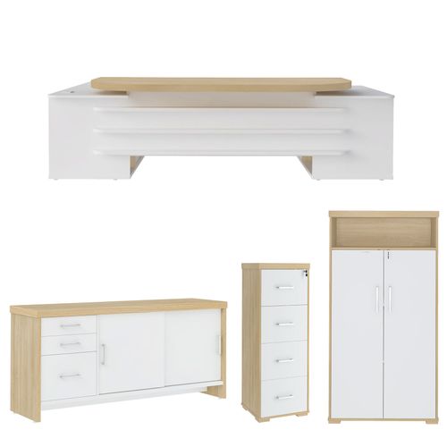 Conjunto Mesa Presidente, Balcão com Gavetas, Armário com Nicho e Arquivo Cor Carvalho com Branco