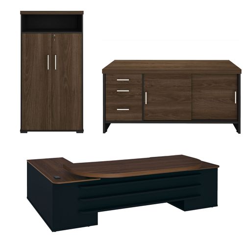 Conjunto Mesa Presidente , Balcão com Gavetas, Armário com Nicho Cor Charuto com Preto