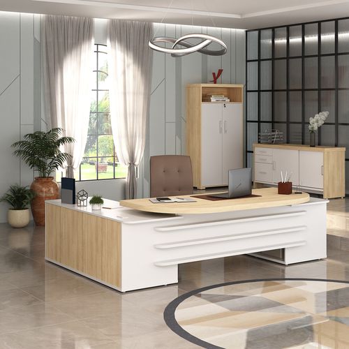 Conjunto Artany Mesa Presidente, Balcão com Gavetas e Armário com Nicho Cor Carvalho com Branco