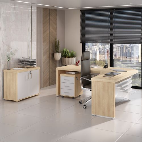 Conjunto Mesa Diretor LD , Balcão 2 Portas e Gaveteiro Cor Carvalho com Branco