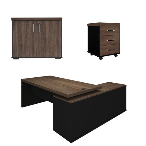 Conjunto Estação Connect, Balcão 2 Portas e Gaveteiro Cor Charuto com Preto