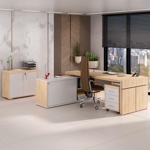 Conjunto Estação Connect, Balcão 2 Portas e Gaveteiro Cor Carvalho com Branco