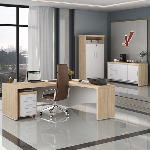 Conjunto Mesa Diretor, Armário com Nicho, Balcão com Gavetas e Gaveteiro Cor Carvalho com Branco