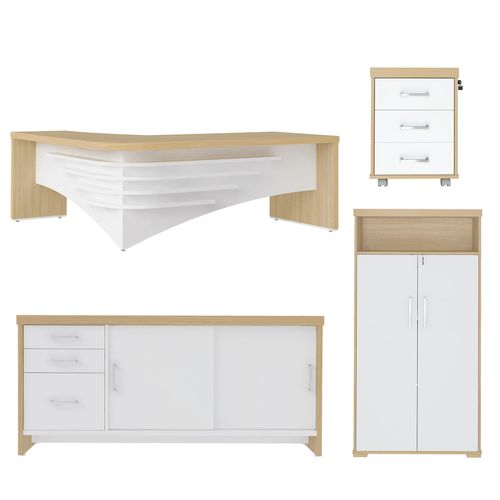 Conjunto Mesa Diretor, Armário com Nicho, Balcão com Gavetas e Gaveteiro Cor Carvalho com Branco