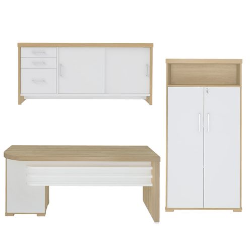 Conjunto Mesa com Gavetas LE, Balcão com Gavetas e Armário com Nicho Cor Carvalho com Branco