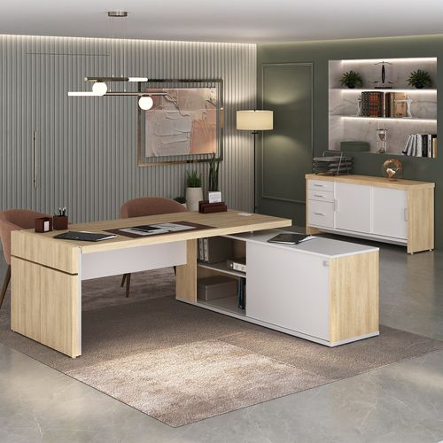 Conjunto Estação de Trabalho Connect e Balcão com Gavetas Oggi Cor Carvalho com Branco