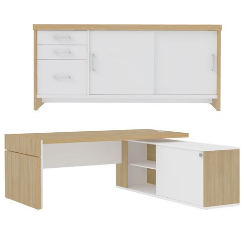Conjunto Estação de Trabalho Connect e Balcão com Gavetas Oggi Cor Carvalho com Branco