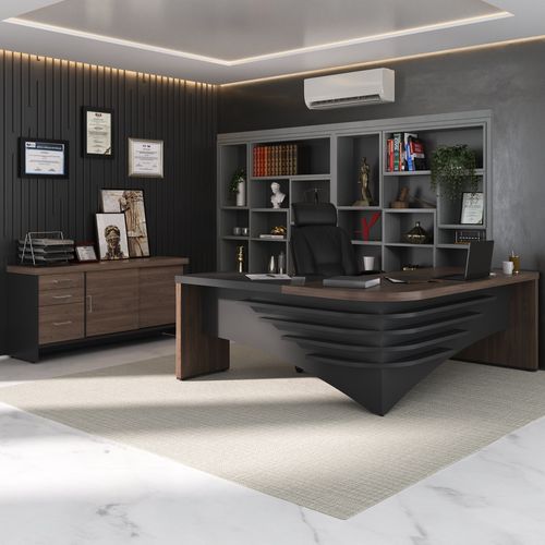 Conjunto Mesa Diretor LD e Balcão com Gavetas Cor Charuto com Preto