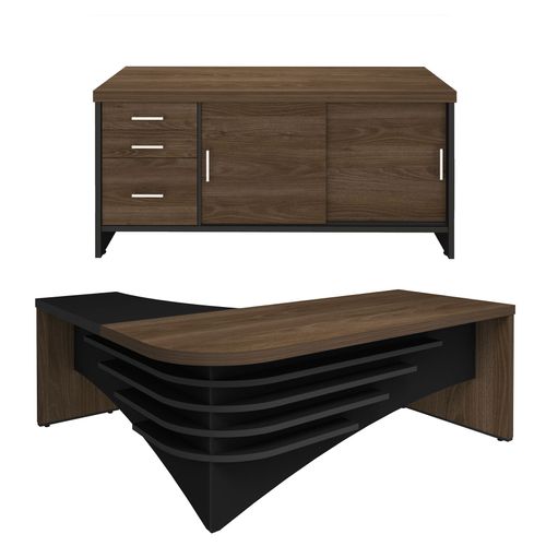 Conjunto Mesa Diretor LD e Balcão com Gavetas Cor Charuto com Preto