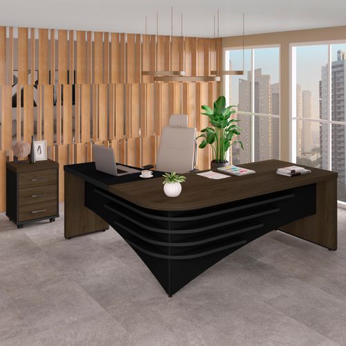 Conjunto Mesa Diretor LD e Gaveteiro Cor Charuto com Preto