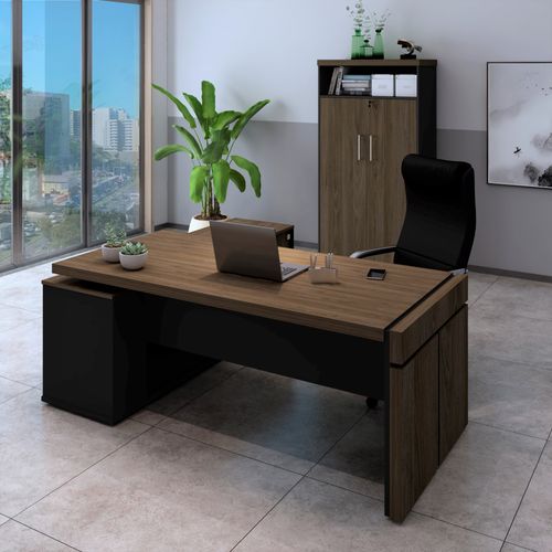 Conjunto Estação Connect e Armário com Nicho Cor Charuto com Preto
