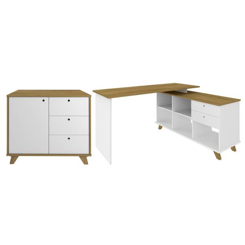 Conjunto Escrivaninha Gold e Balcão Lugano Cor Olmo com Branco