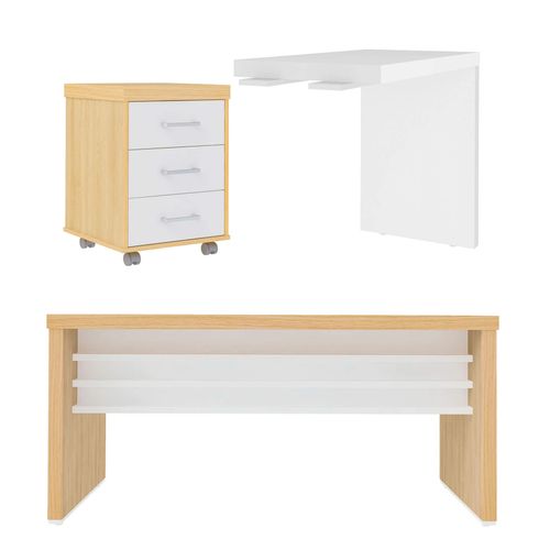 Conjunto Mesa para Escritorio Tamburato 1600 e Mesa De Apoio 890 e Gaveteiro com 3 Gavetas Tamburato Cor Carvalho com Branco