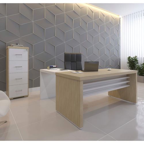 Conjunto Mesa para Escritorio Tamburato 1600 e Mesa De Apoio 890 e Arquivo com 4 Gavetas Tamburato Cor Carvalho com Branco