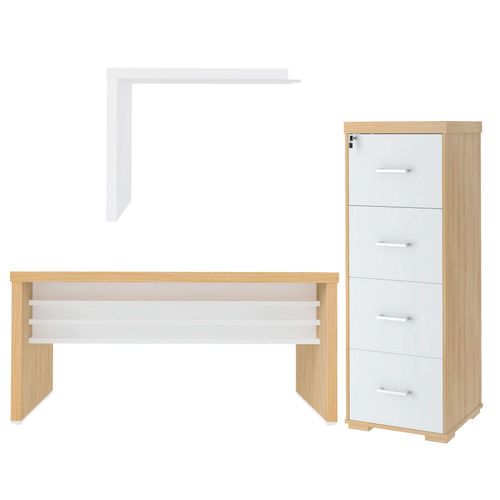 Conjunto Mesa para Escritorio Tamburato 1600 e Mesa De Apoio 890 e Arquivo com 4 Gavetas Tamburato Cor Carvalho com Branco