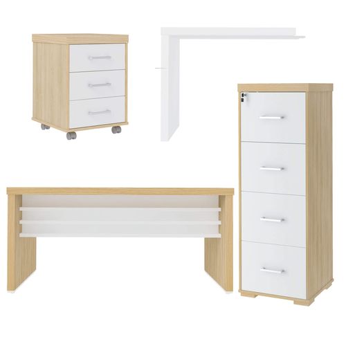 Conjunto Mesa para Escritorio Tamburato 1600 e Mesa De Apoio 890 e Gavateiro com 3 Gavetas e Arquivo com 4 Gavetas Tamburato Cor Carvalho com Branco