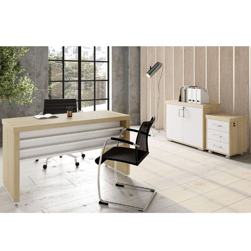 Conjunto Mesa para Escritorio Tamburato 1400, Balcão 2 Portas e Gaveteiro Cor Carvalho com Branco
