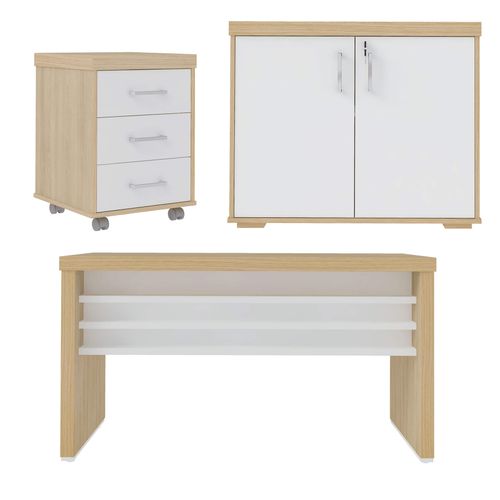 Conjunto Mesa para Escritorio Tamburato 1400, Balcão 2 Portas e Gaveteiro Cor Carvalho com Branco