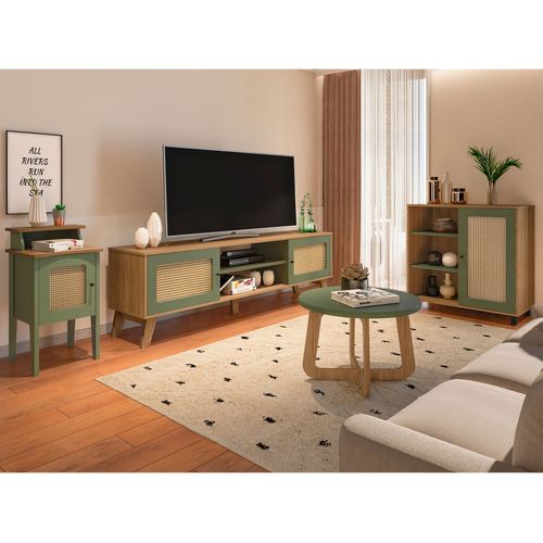 Conjunto Rack, Mesa De Apoio e Buffet Charlotte e Mesa De Centro Jasmin Artely Cor Carvalho com Menta