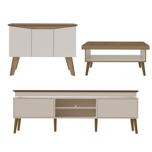 Conjunto Rack Lumina, Mesa De Centro Lucca e Buffet Oásis Artely Cor Pinho com Off White