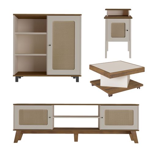 Conjunto Rack, Mesa De Apoio e Buffet Charlotte e Mesa De Centro Saara Artely Cor Pinho com Off White