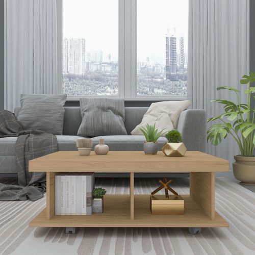 Mesa De Centro Com 2 Nichos e Rodinhas Artely Dunas Cor Carvalho