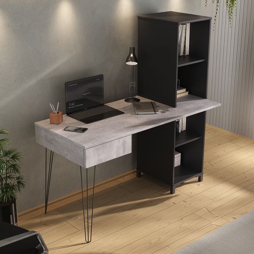 Escrivaninha Com Estante e 1 Gaveta Artany Fusion Cor Concreto Com Preto