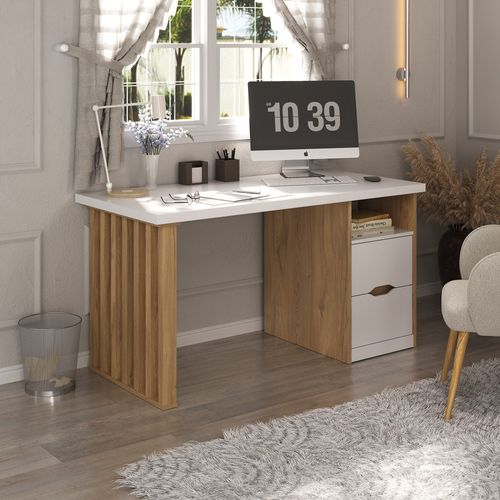 Mesa Com Pés Ripados e 2 Gavetas Artany Florence Cor Olmo com Branco
