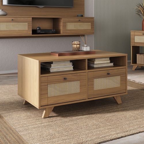 Mesa De Centro Com 2 Gavetas e 2 Nichos Artely Trama Cor Carvalho Com Palha