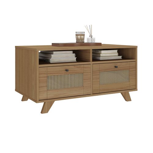 Mesa De Centro Com 2 Gavetas e 2 Nichos Artely Trama Cor Carvalho Com Palha