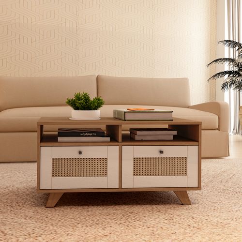 Mesa De Centro Com 2 Gavetas e 2 Nichos Artely Trama Cor Cinamomo com Off White