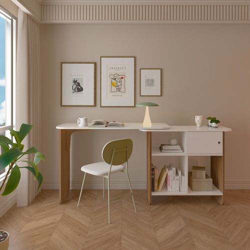 Escrivaninha Artely Flexível Com Tampo Rotativo E Nichos Com Porta Nomad Cor Cinamomo com Off White
