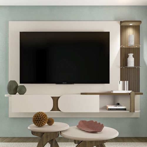 Painel Para TV Até 72 Artely Led e Prateleiras de Vidro Toronto Cor Off White Com Pinho Ripado